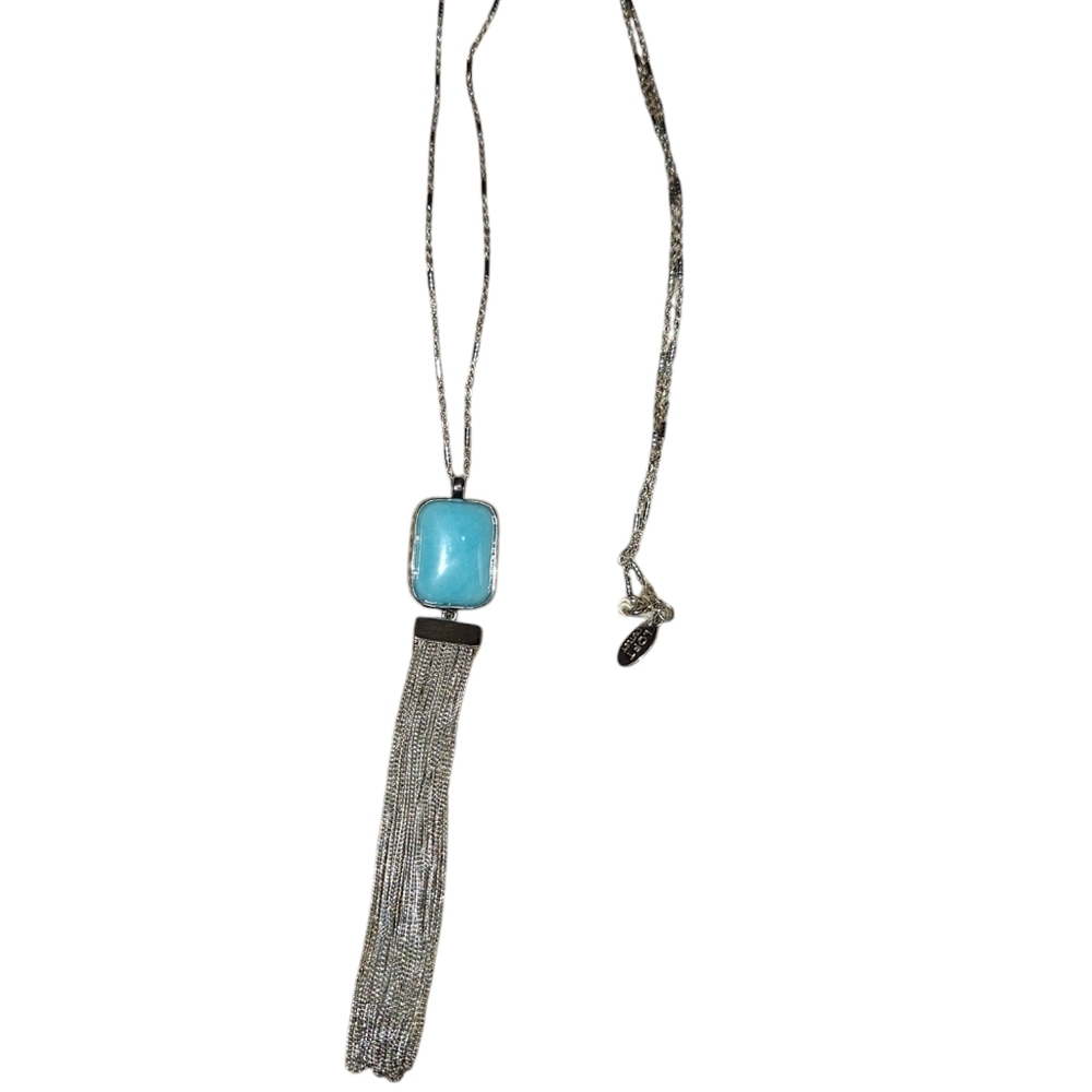 LOFT FACTORY FAUX TURQUOISE AND SILVERTONE LARIAT TASSEL NECKLACE